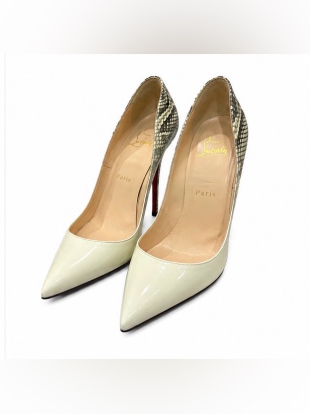 Christian Louboutin Cream Patent Pointed-Toe Pumps with Snake-Print Heel